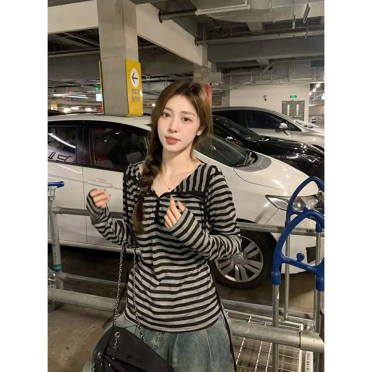 

women's clothing striped half-open collar hooded long-sleeve T-shirt for women spring autumn lazy style loose chic versatile top