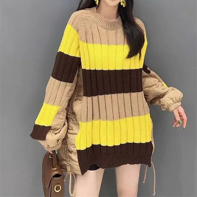 SuperAen 2024 Autumn and Winter New Women's Quilted Coats Spliced Sweater Europe and America Style Loose Knitted Pullovers