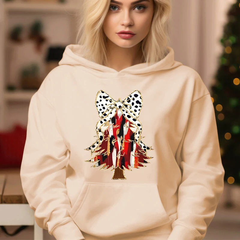 Winter Women Christmas Hoodies Funny Letter Leopard Print Bow Christmas Tree Pullover Long Sleeve Xmas Gifts Ladies Sweatshirt