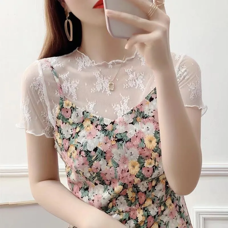 Juniors' Sheer Lace Tee Summer Short-Sleeve O-neck Transparent Mesh Top Women Sexy Black White Beige Top
