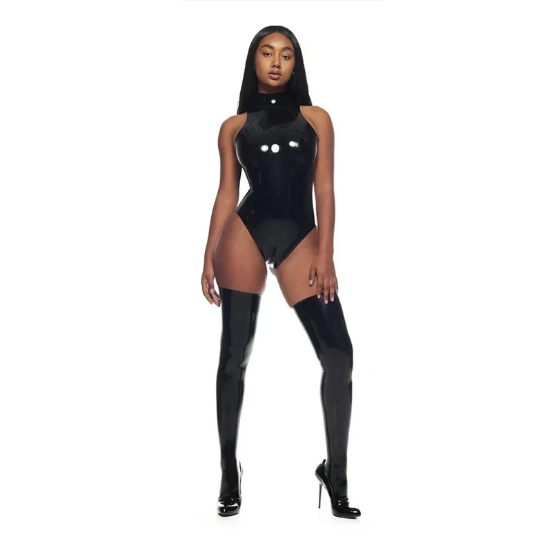 Sexy Sleevess Faux Latex Bodysuits Women Wet Look Patent Leather Bodysuits High Neck Stretch PU Bodycon Bodyduits Clubwear New