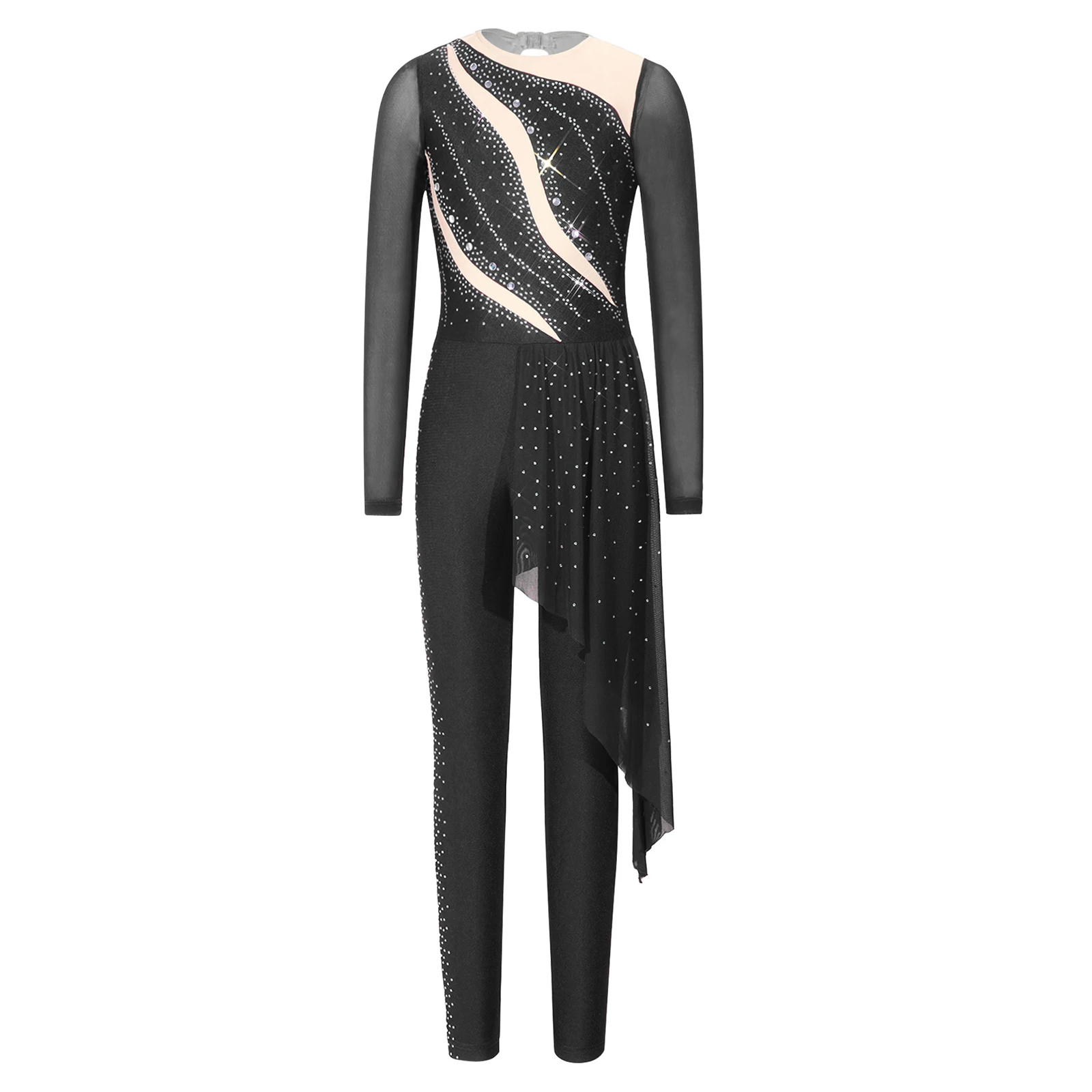 Mädchen-Kostüm für Eiskunstlauf mit Strasssteinen, glitzerndes Strass-Design, langärmeliger Overall, Tanzkleidung für lyrisches Ballett. – Detail 8