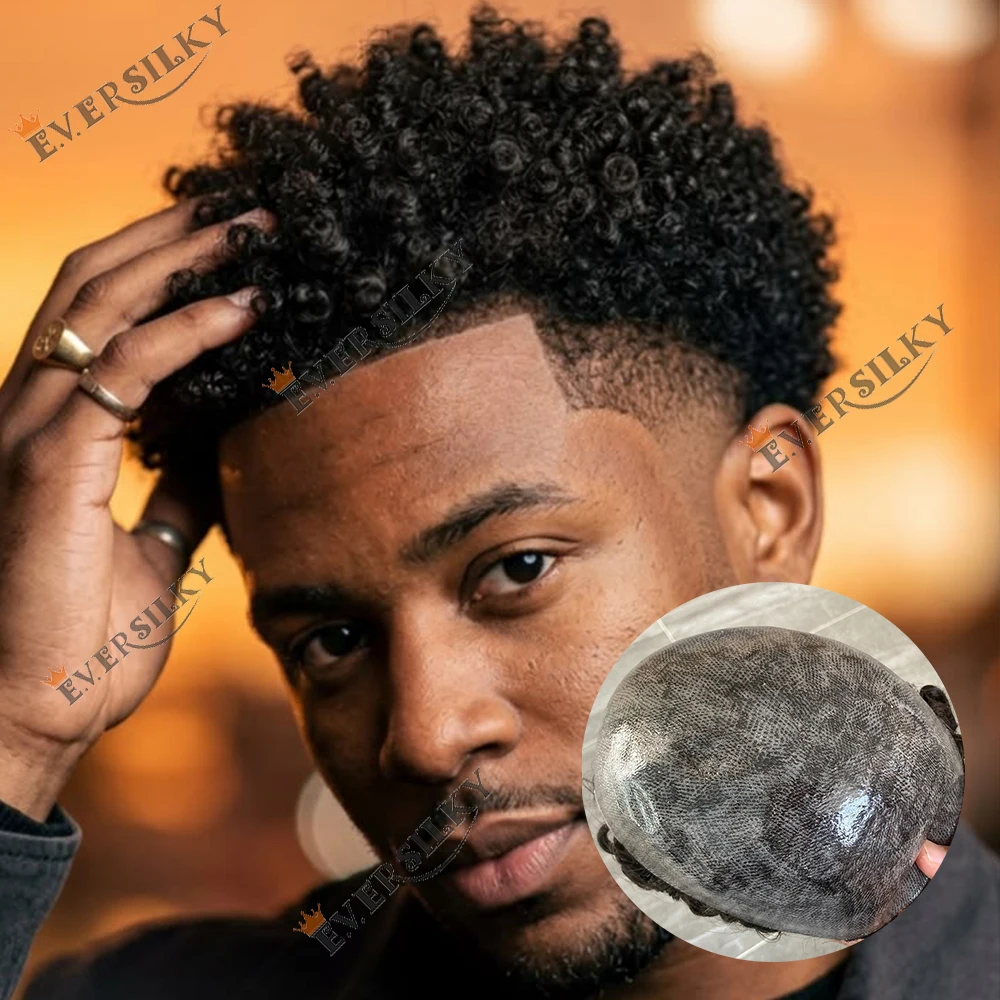 Unentdeckbare schwarze Afro 8mm lockige 1b20 1B40 1B80 graue Echthaar-Toupet für Herren, 0,1mm Injektions-PU-Basis, Haarprothese für Männer – Detail 2