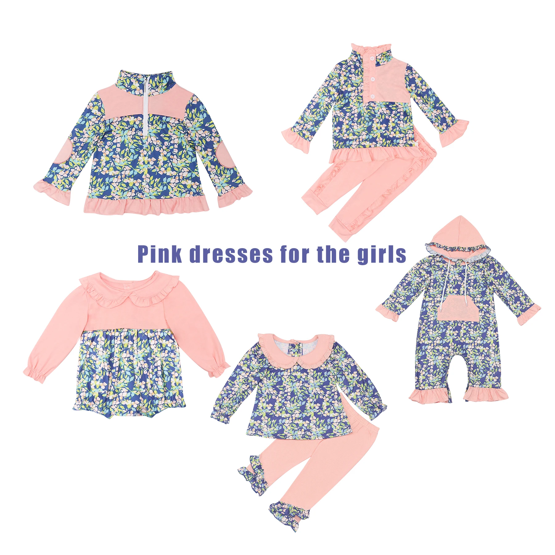 Baby Cotton Long T-shirt Set Round Neck Floral Printing Girl Pink Top Clothes And A Hooded Crawl Suit Romper Sports Pullover Set