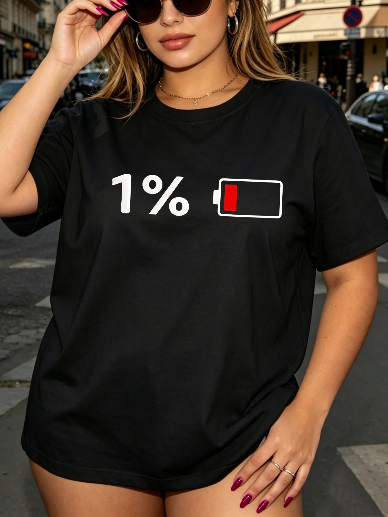 Women Crew Neck Tee 1 Percent Low Battery Graphic Print Short Sleeve Loose Ladies Summer Soft Cotton Plus Size Casual Street Top