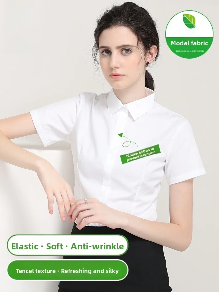White Formal Shirt Women's Short Sleeve Summer 2026 Lomond Blue Interview Workwear Shirt Moisture Wicking Anti-Wrinkle Resistant