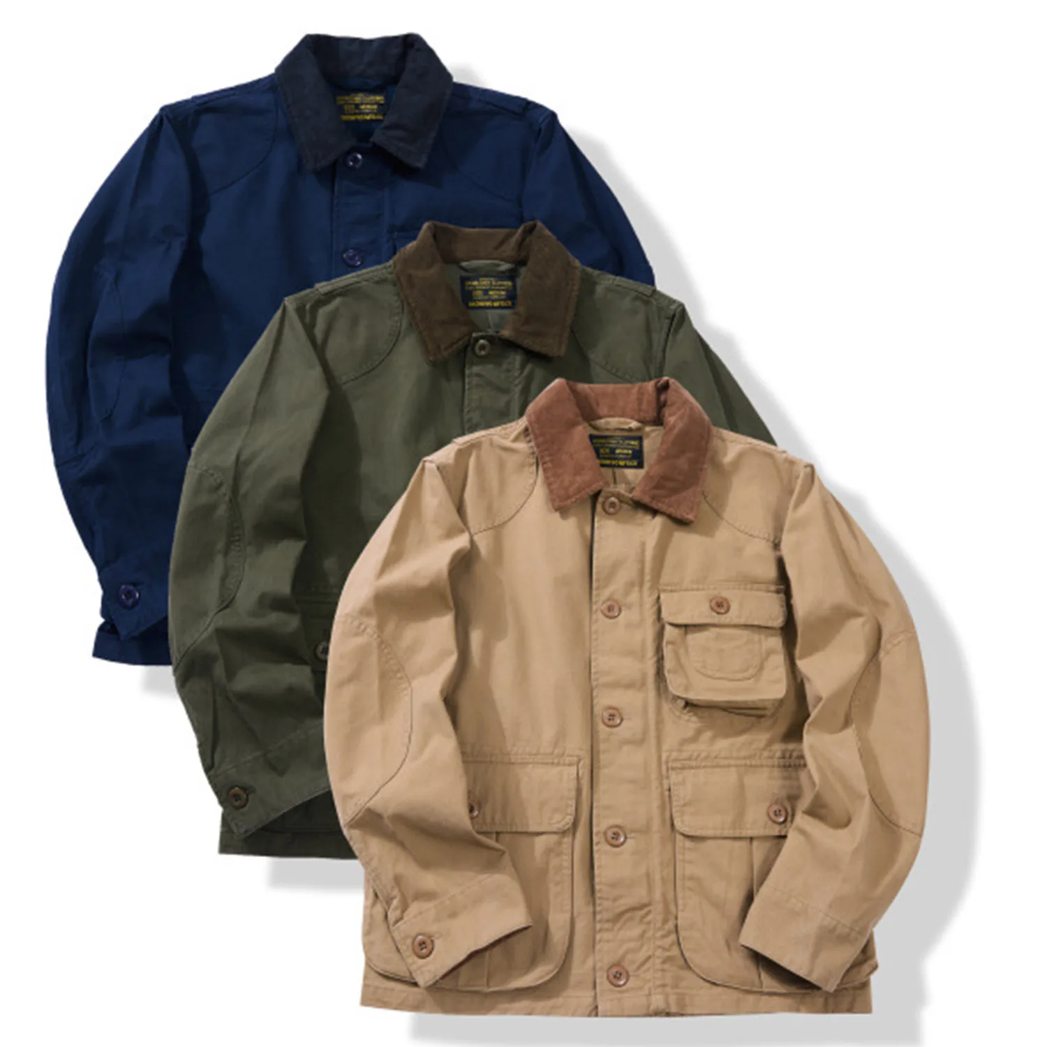 الخريف الأمريكية خمر Amekaji الرجال سروال قصير طوق اطلاق النار سترة-متعددة جيب فائدة مجال الصيد معطف العمل #6