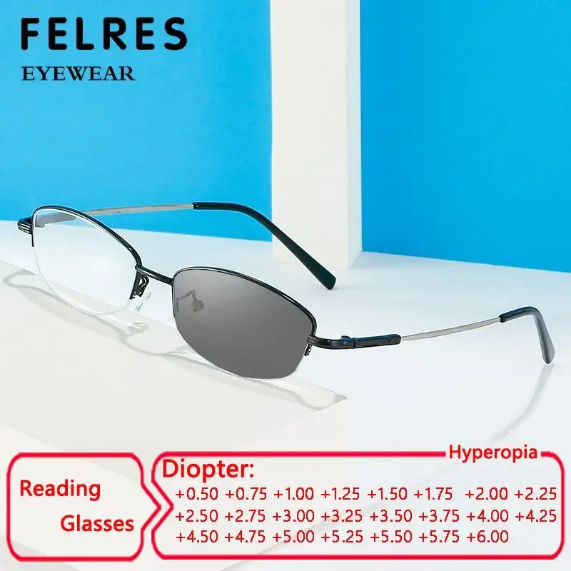 

Women Elegantc Memory Metal Photochromic Reading Glasses Half Frame Finished Prescription Optical Glasses Business Eyeglasses