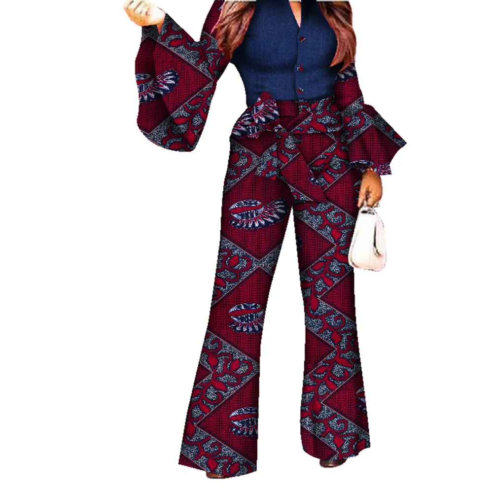 African Print Women Pant Set V-Neck Flare Sleeve Shirt Pants African Ladies Suits 2 Piece Set Casual African Clothing WY2772
