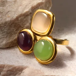 HUANZHI Irregular Tricolor Stone Ring for Women Girls Personalized Stainless Steel Fashionable Simple Open Design Jewelry