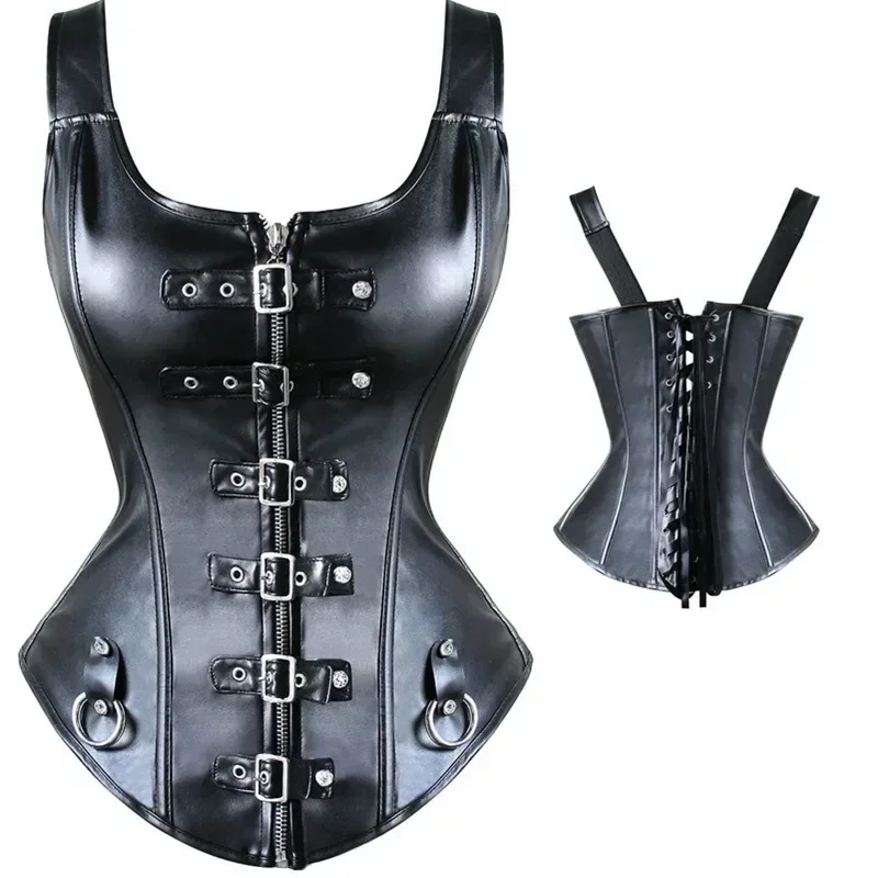 Gothic black leather shoulder strap palace sexy leather corset belt drill buckle corset mujer sexy shapewear women chest binder