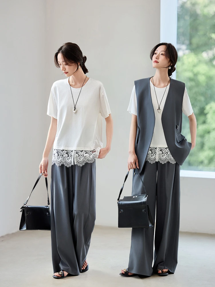 

SENTUBILA Women's Short Sleeved Tee 2025 Fake Two-Piece Cotton T-Shirts Lace Splicing Commuter Tops Summer Breathable 152T80422