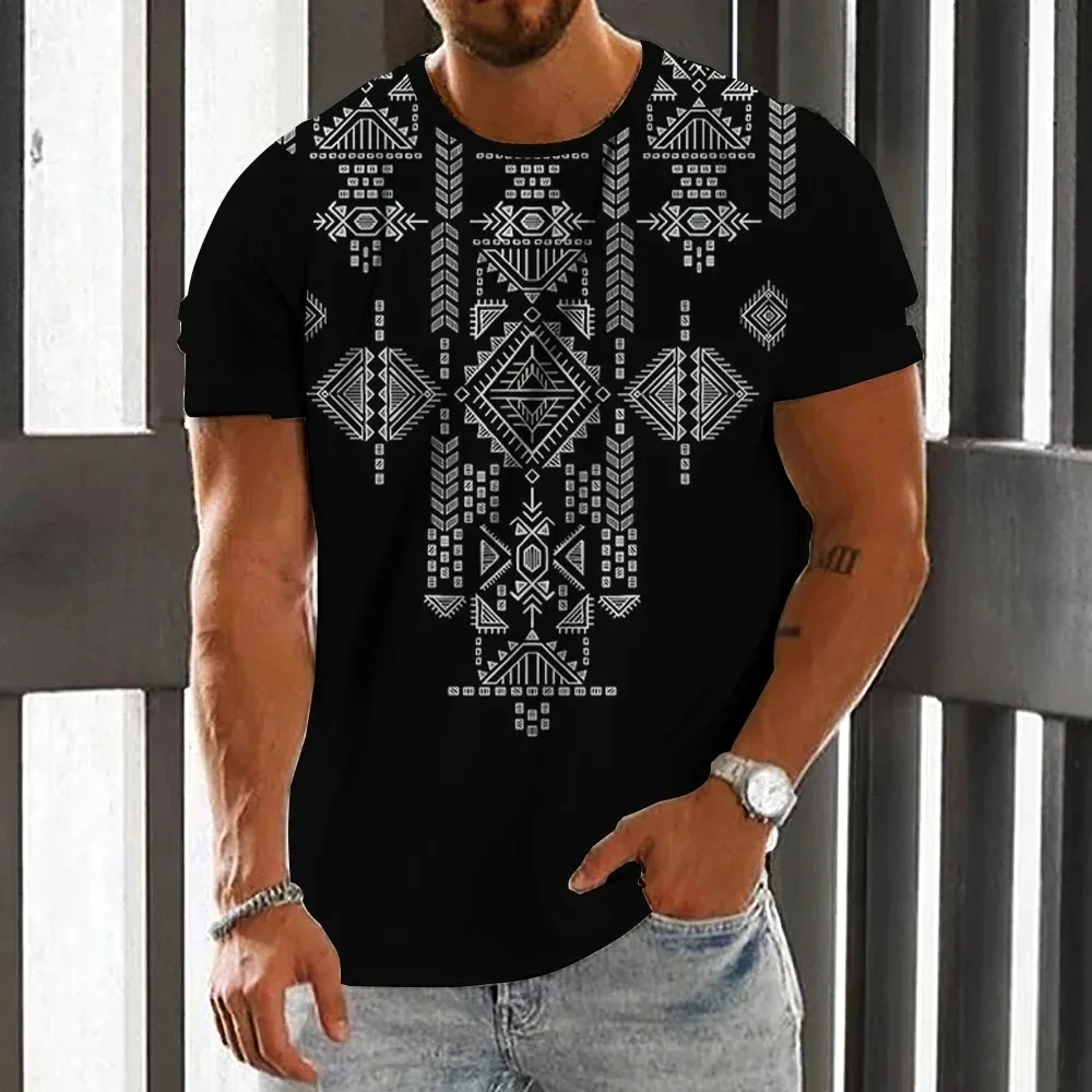 Men\'s T-shirt ethnic print casual short sleeved summer round neck street outfit retro men\'s loose fitting sports shirt