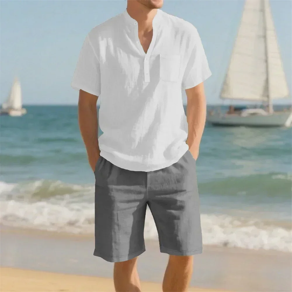 Conjuntos de verano para hombre, camiseta de playa para vacaciones, pantalones cortos, traje de algodón y lino, traje informal transpirable de estilo básico, ropa acogedora