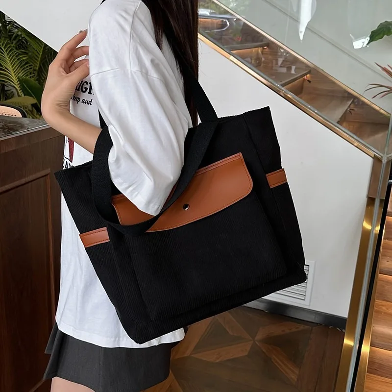 Casual Canvas Tote Bags Contrasting Colors Soft 2024 High Quality Zipper Sewing Large Capacity Hot Sale Shoulder Bags