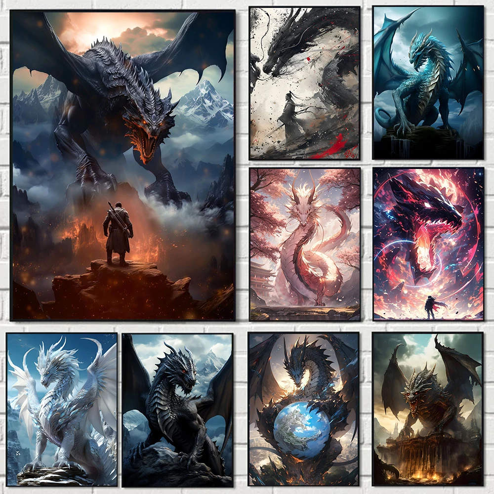 Home Decor Interior - Abstract Fantasy Oriental Dragon and Samurai