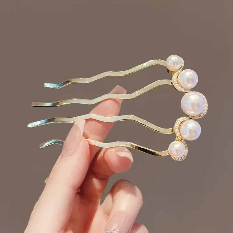 Pearl U-shaped High-end Black Insert Comb Hair Hairpin Antique Style New Chinese Style Hairpin Coiled Hair Hairpin Headpiece