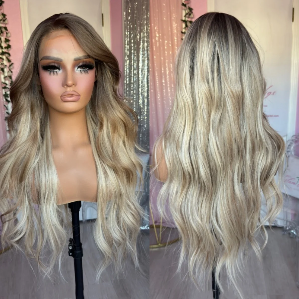 

Выделите Пепельно-русый парик Объемная волна Синтетические парики фронта шнурка Ombre Платиновый бесклеевой готовый к ношению Парик фронтальной части шнурка Повседневная вечеринка