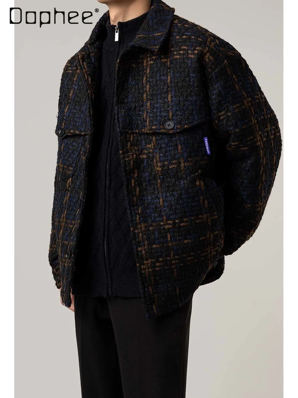 

2025 Winter New Hot Sale Men's High-End Black Green Brown Plaid Duck Down Warm Loose Casual Turn-Down Collar Jacket