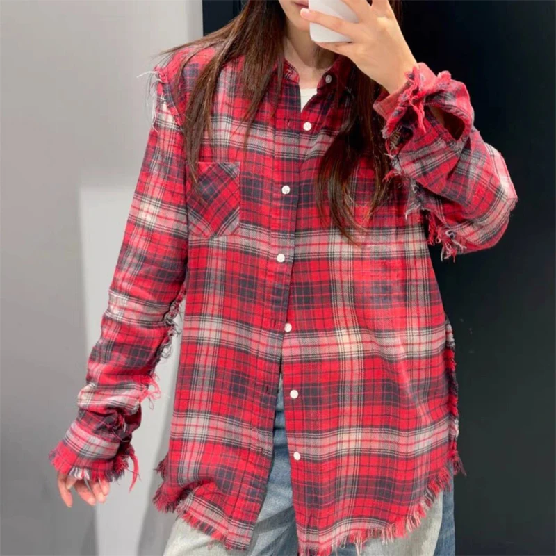 เสื้อเชิ้ตลายสก็อตคอปกสีตัดต่อสำหรับผู้หญิงคอลเลคชั่นฤดูใบไม้ผลิใหม่ เสื้อแจ็คเก็ตเชิ้ตแฟชั่นลำลองคุณภาพสูงสไตล์วินเทจแต่งพู่