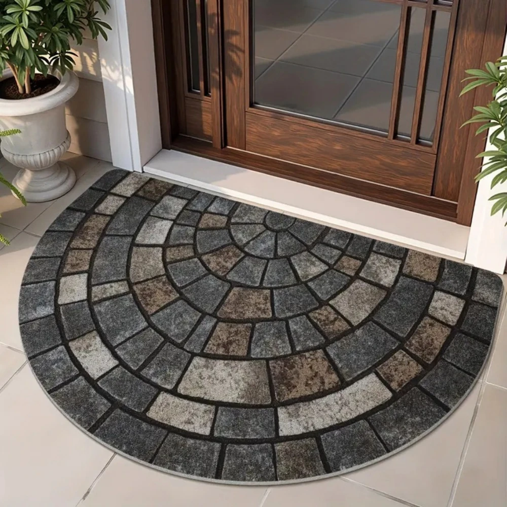 Grey Cobblestone Circular Mosaic Half Round Doormat Entryway Floor Mat For Garden, Patio, Balcony Front Entry Space