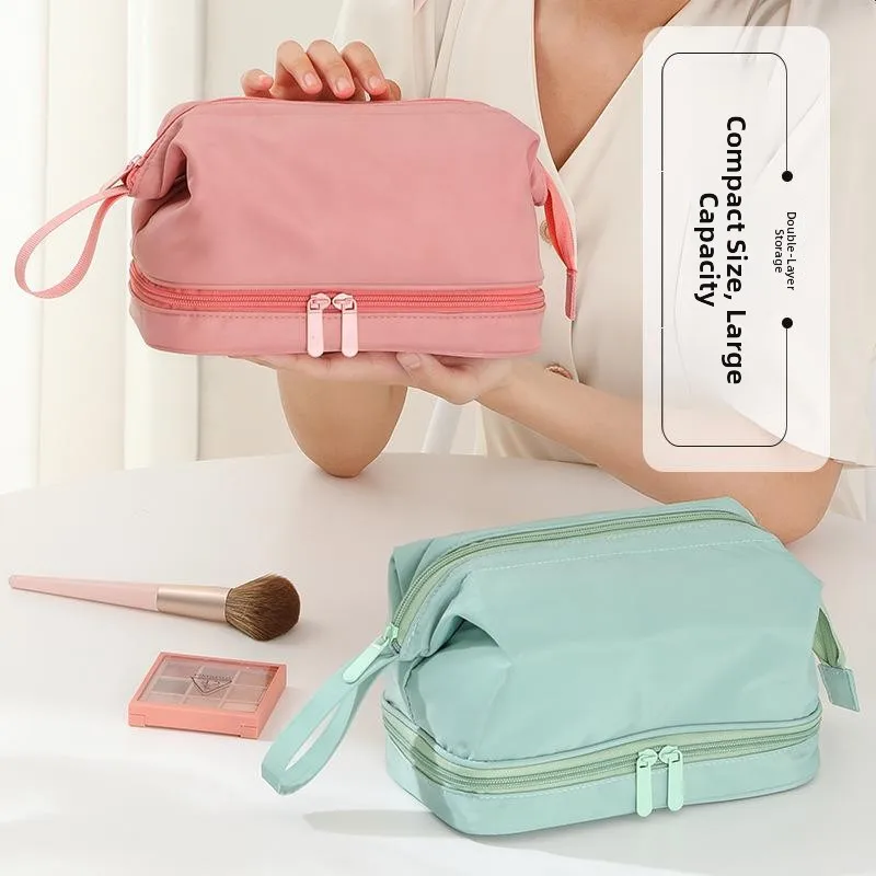 New Double Layer Large Capacity High Aesthetic Value Women's Storage Bag Popular Handheld Toiletry Cosmetic Bag Polyester