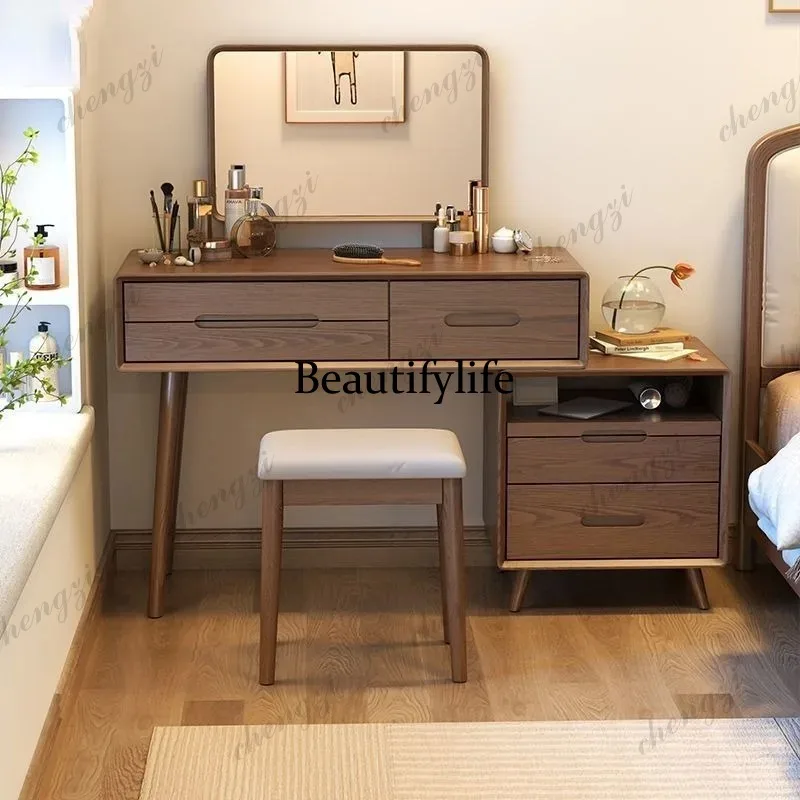ZZZ Simple Stool Vanity Table Vintage Brown Bedside Mirror Makeup Vanity Table Home Hotel Modern Wood Schminktisch