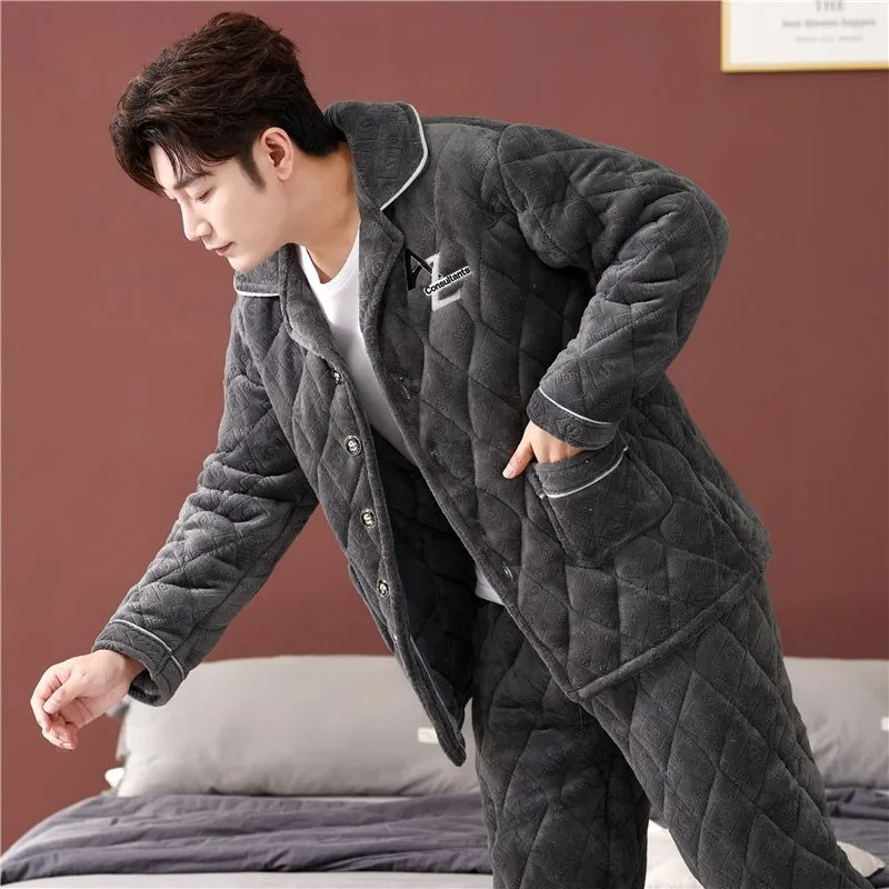 Pajamas Men Autumn Winter 3-layer Cotton Jacket Thick Plush Sleepwear Male Coral Velvet Thermal Insulation Flannel Home Clothing