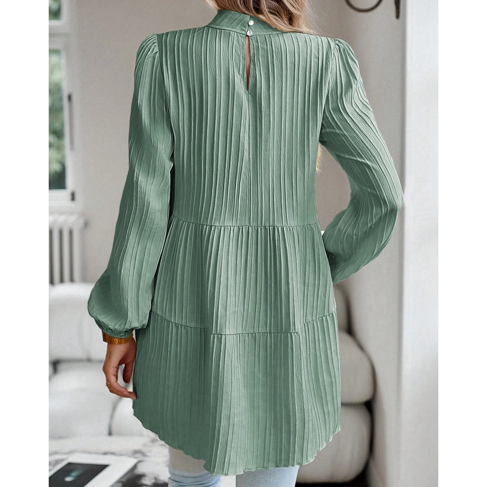 2024 Spring Women Ribbed Ruched Fold Round Neck Cut out Lantern Sleeve Blouse Fashion Femme Casual Solid Elegant Top Streetwear