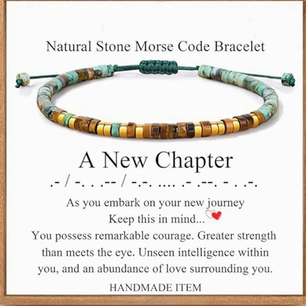 Natural Beaded Wrapped Bracelet Morse Code Inspired Adjustable with Card Friend Gift Jewelry for Women