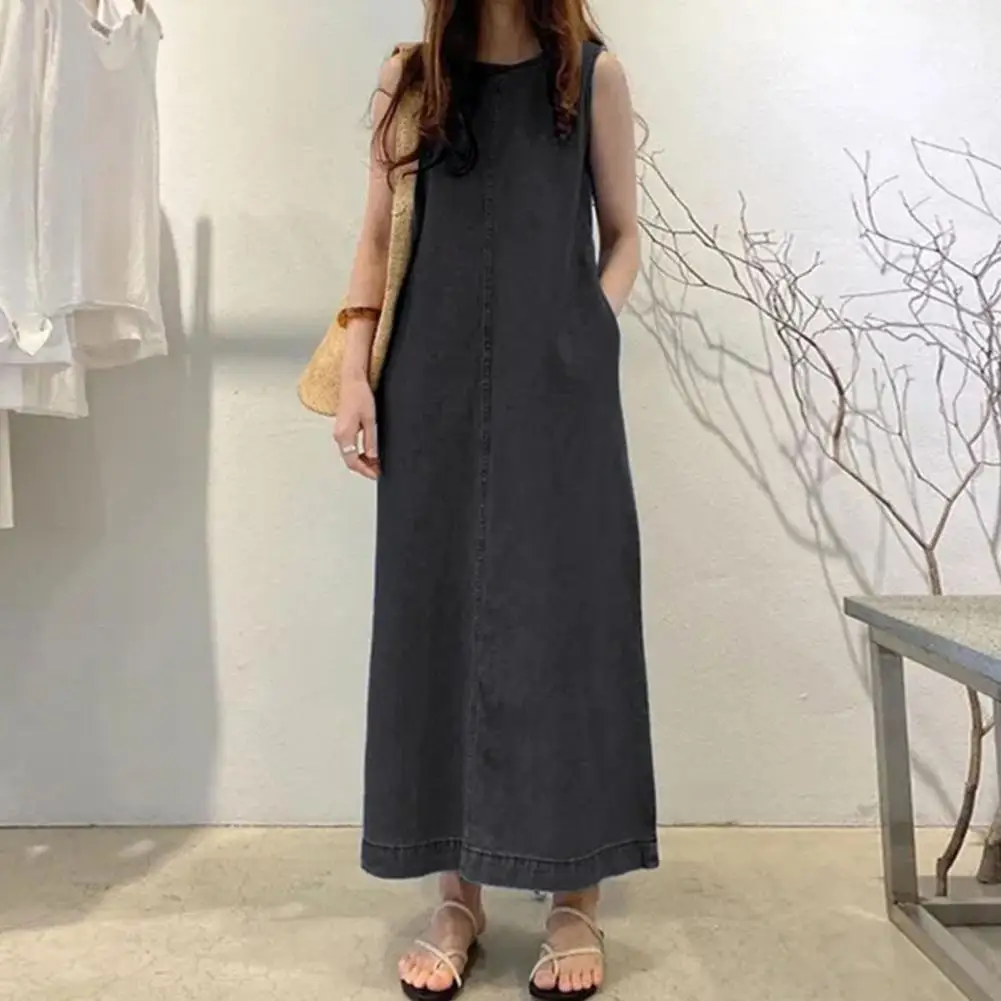 

Ladies Maxi Dress Elegant Maxi Dress with Pockets for Women Solid Color Ankle Length Dress Soft H-shaped O Neck Vest Type Lady