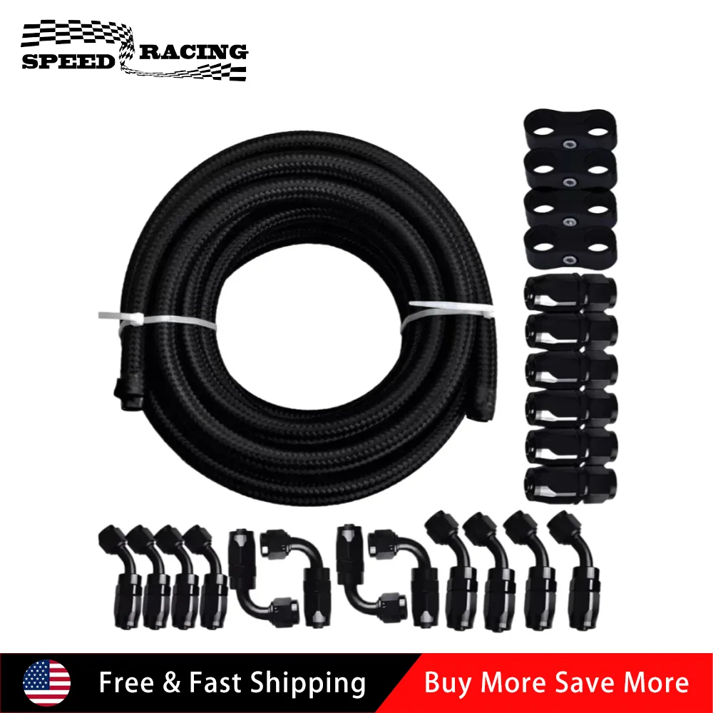 

20FT AN6 AN10 CPE Braided Nylon Fuel Line Kit with Hose End Aluminum Fittings For Hydraulic Fluid Pump Gas Alcohol Black