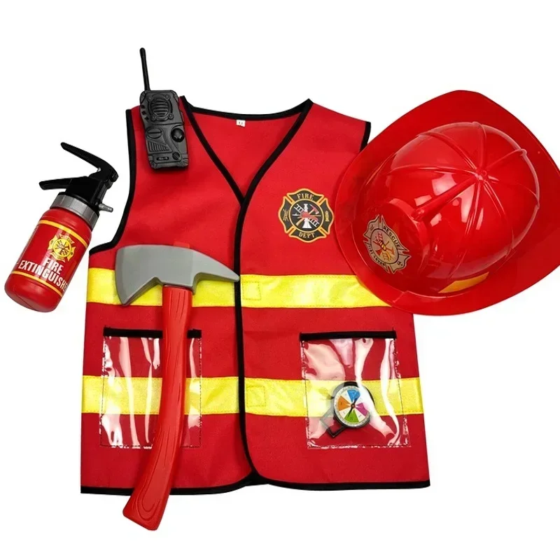 

Kids Firefighter Cosplay Little Fireman Firemen Costume For Boy Child Halloween Carnival Party Red Fire Drill Costumes Hat Kit
