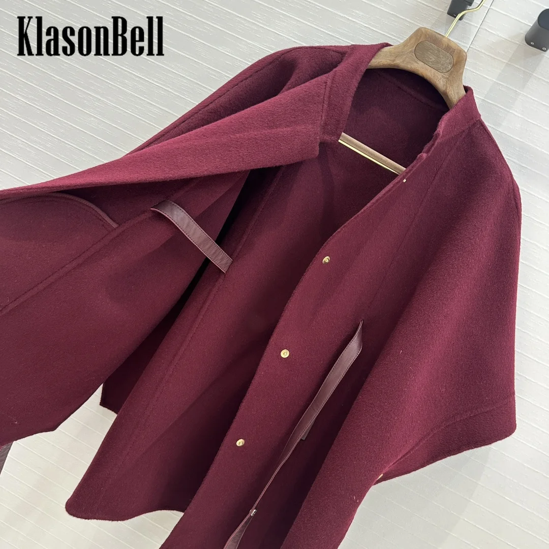 9.18 KlasonBell Women Genuine Leather Sashes Cashmere Capes Coat Covered Button Half Sleeve Loose Double-Sided Wool Coat