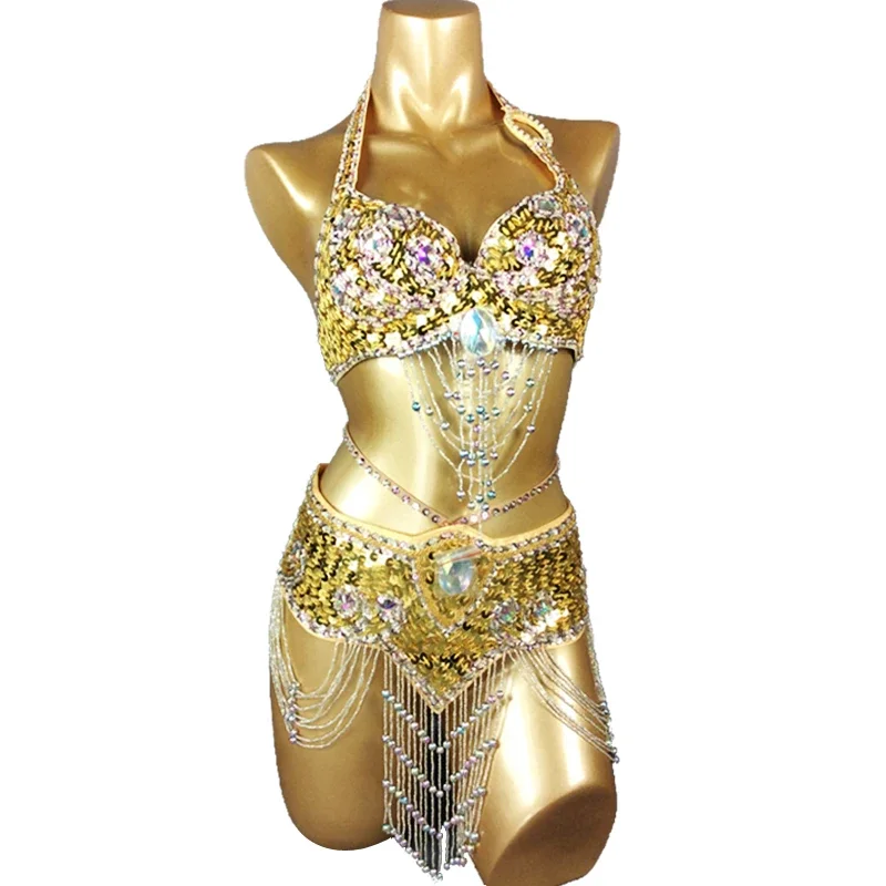 Traje de danza del vientre con lentejuelas y cuentas, cinturón + sujetador, disfraces de Samba, sujetador para Club de EE. UU., evento para mujer, festival de música, traje rave