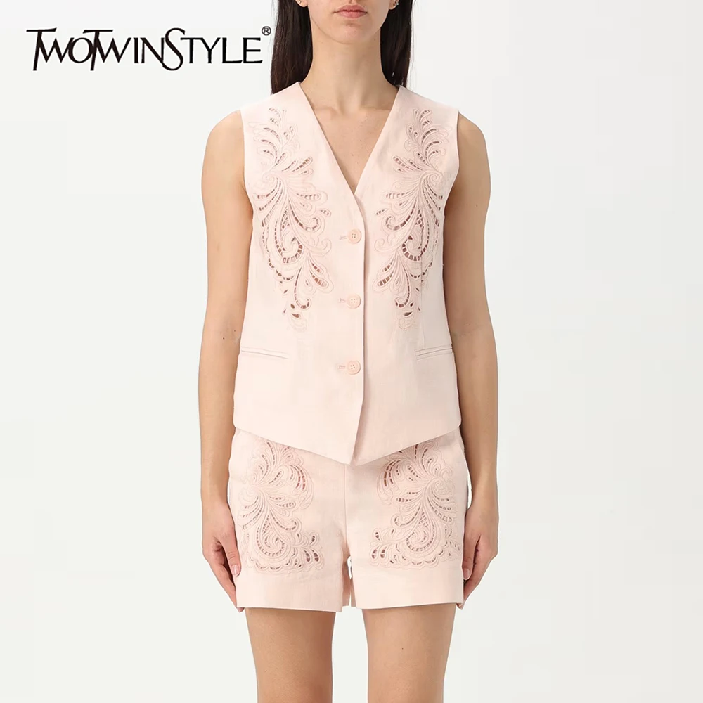 

TWOTWINSTYLE однотонный тонкий комплект из двух предметов для женщин с v-образным вырезом без рукавов, полый топ, шорты с высокой талией, офисные комплекты, женские летние