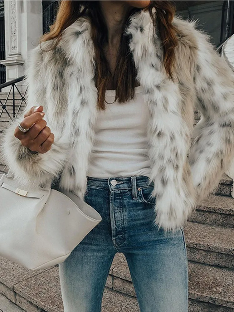 Elegant Print Women's Faux Fur Coat Chic Long Sleeve Warm Fluffy Plush Jacket New Autumn Winter Ladies Thick Outerwear 2025