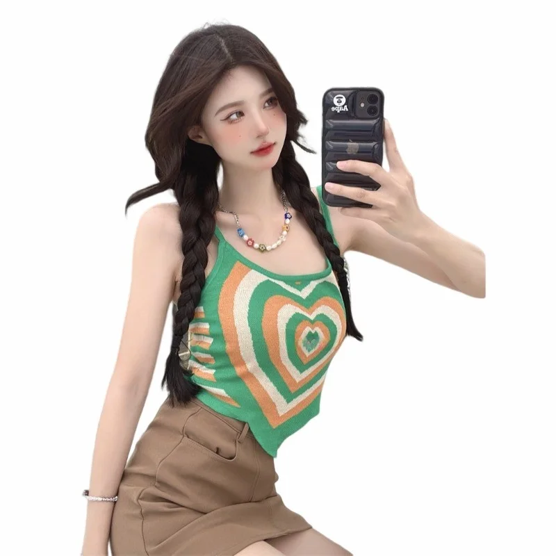 Top Curto de Malha com Estampa de Coração Rosa Choque, Colete Irregular com Alças, Estilo Verão Pure Desire para o Dia a Dia