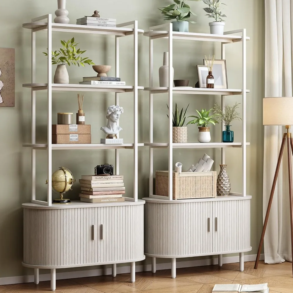 4-х уровневая высокая современная книжная полка со шкафом для хранения, раздвижной дверью и регулируемыми ножками для домашнего офиса