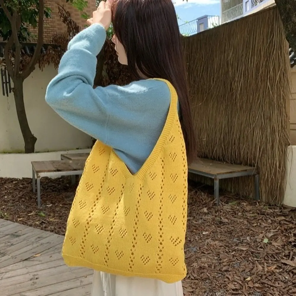 

Large Capacity Crochet Tote Bags Elastic Heart-Shaped Hollow Knitted Shoulder Bags Top-Handle Open-Weave Shopping Bags Daily