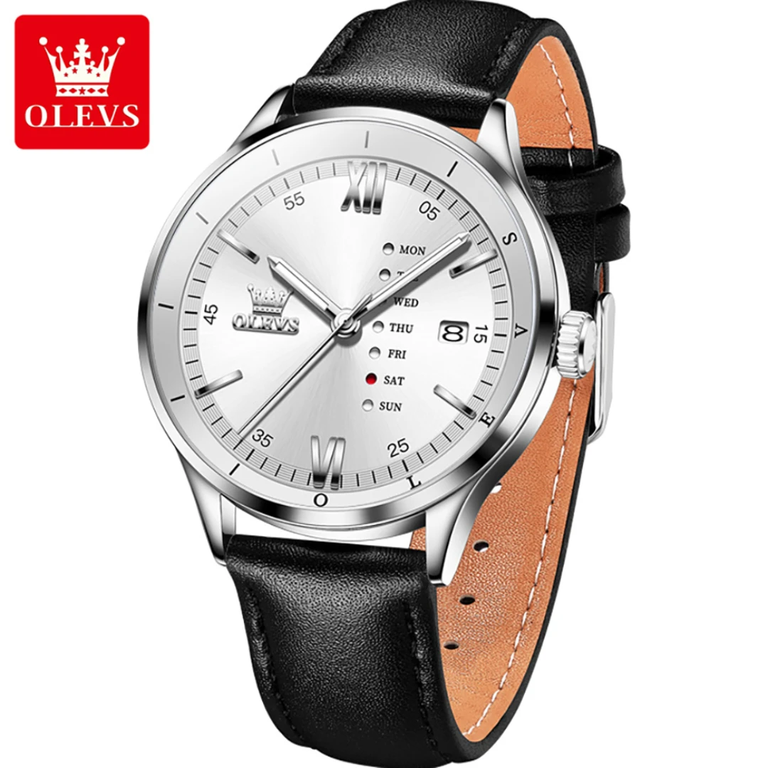 OLEVS 2931 Fashion Quartz Watch Gift Leather Watchband Round-dial Calendar