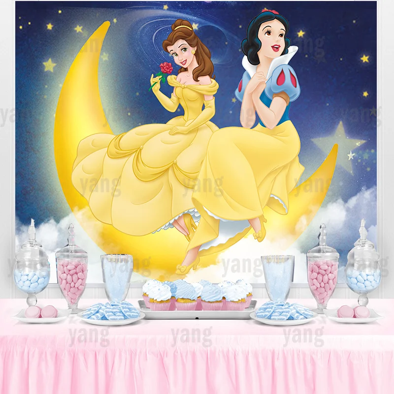 Disney Princess Castle Dreamy Moon Beauty and the Beast Belle Snow White Backdrop Girls Birthday Party Baby Shower Banner