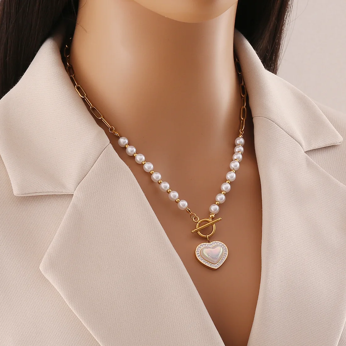 여성용 진주 하트 임베드 지르콘 버진 메리 참 체인 초커 목걸이 귀걸이, 316L 스테인레스 스틸, 새로운 패션 파인 주얼리