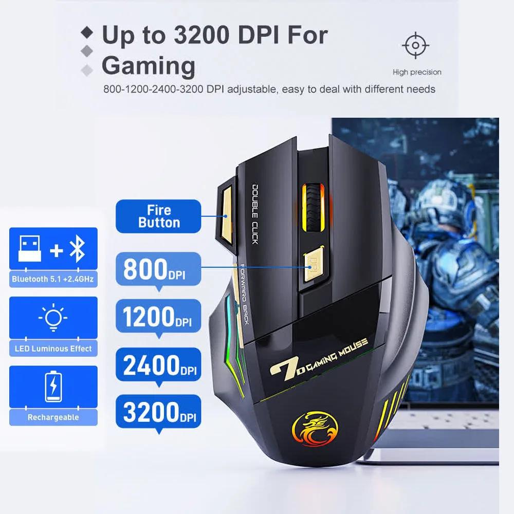 

Gaming Wireless Mouse USB IMICE GW-X7 3200DPI Dual Mode Rechargeable 7 Keys 2.4Ghz Silent Mouse Bluetooth 7-color Breathing LED