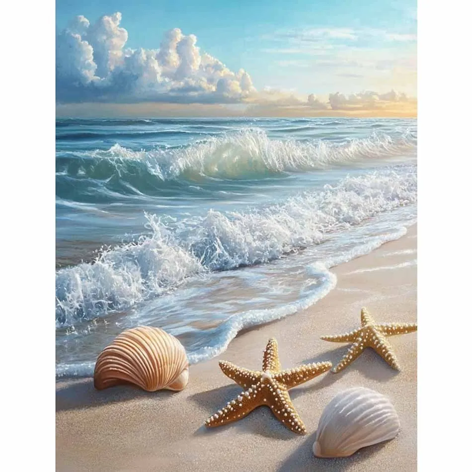 1 Set Complete Beach Themed Oil Painting Kit for Adults & Beginners - 16x20 Inch Pre-Printed Sea Shells & Beach Scenes Canvas/Pa