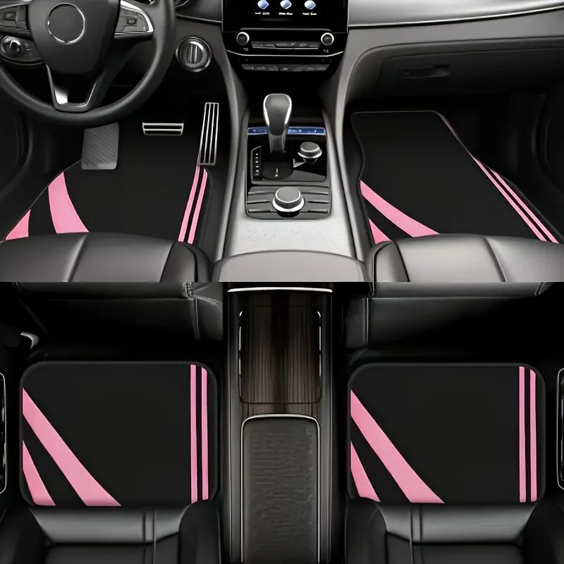 Juego de 4 Alfombrillas para Auto con Diseño de Pata de Gallo Rosa - Antideslizantes, para Todo Clima, de Poliéster, Fáciles de Limpiar, Negras con Patrón de Pata de Gallo Rosa (Drive)
