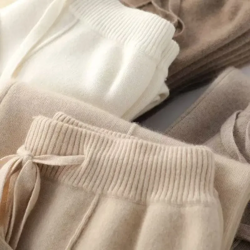 Women Merino Wool Knitted Wide Leg Pants Autumn Winter Basic Soft Warm Cashmere Knit Trousers Casual Simple Style Korean 2025