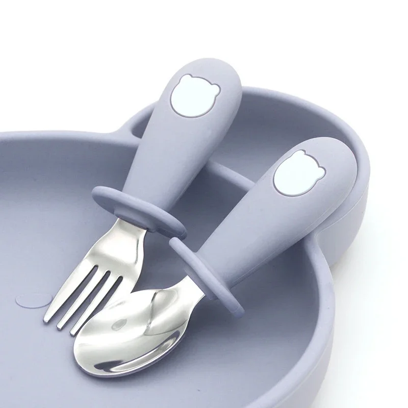 304/316 Stainless Steel Spoon Set Children Babies Fda Silicone Fork Spoon Baby Bowl Cutlery Set Fresh Cute Style Qingxin Cute