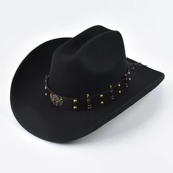 Men Women Western Cowboy Hat with Leather Vintage Big-edge Gentleman Cowgirl Hat Cloche Church Caps