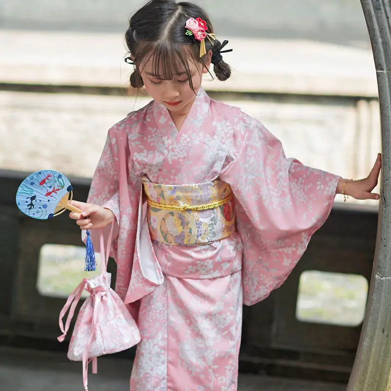 

2026 Japanese Kimono Gown Kids Girls Sakura Traditional Asian Clothes Halloween Cosplay Costumes Yukata Dress